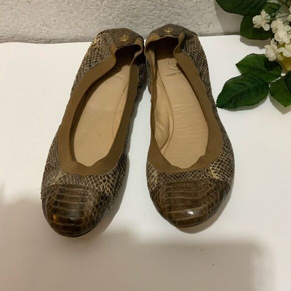TORY BURCH Shoes Flats 10 M Lisa Tan Leather Snakeskin Ballet Stretch - Picture 1 of 8